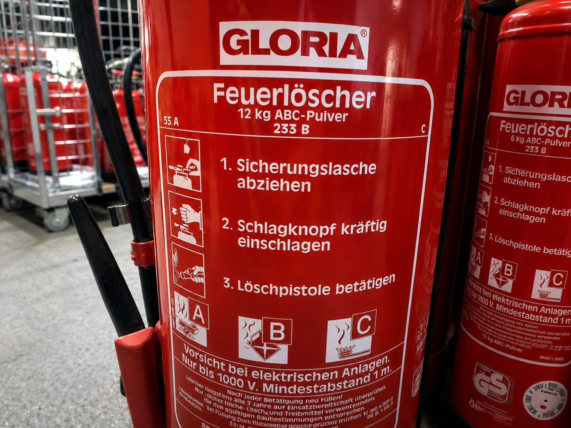 Nahaufnahme eines roten GLORIA-Feuerlöschers mit aufgedruckter Bedienungsanleitung, weitere Feuerlöscher im Hintergrund.