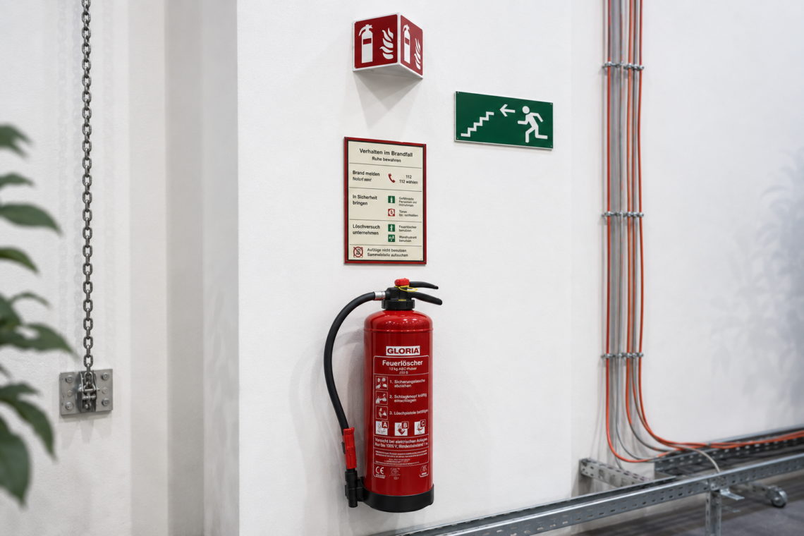 Roter Feuerlöscher an einer weißen Wand mit Brandschutzhinweisen und Fluchtwegschild in einem technischen Innenraum.